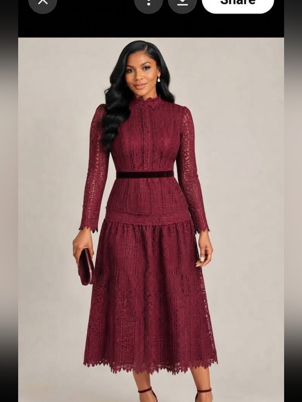 Lulus Crochet Midi Dress XS Wine Red Velour Trim Event Prairie Back Zip